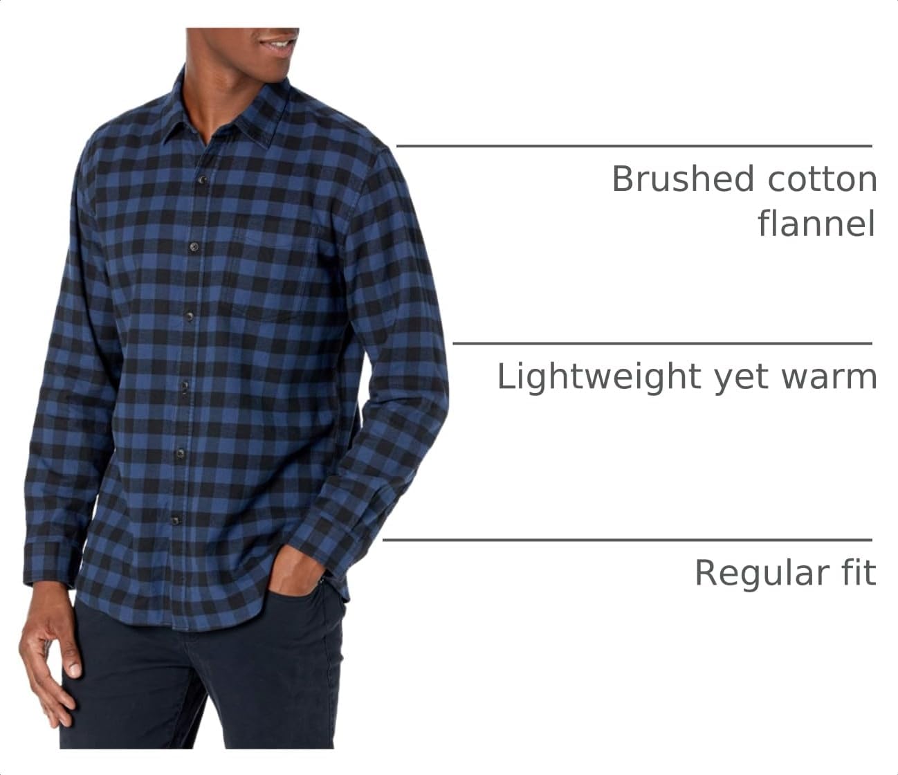 HOTAmazon Essentials Men's Regular Fit Long-Sleeve Flannel Shirt, Soft Brushed Cotton, Lightweight yet Warm