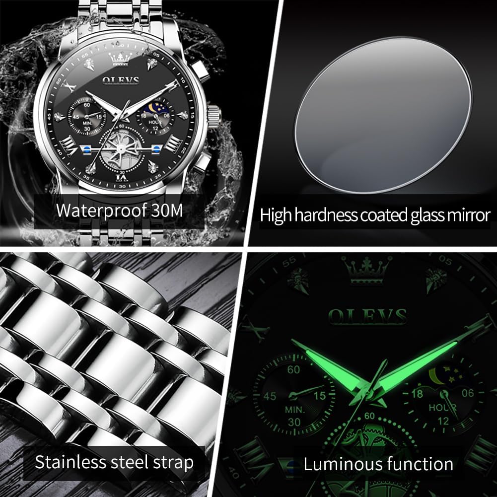 HOTOLEVS Watches Men Waterproof Luxury Big Face Mens Watch Stainless Steel Quartz Analog Dress Watches for Men Luminous Multifunction Man Watch Relojes De Hombre