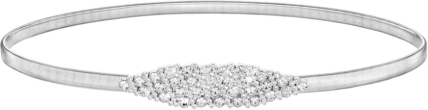 HOTSANSTHS Silver Rhinestone Elastic Waist Belt for Women, Metal Skinny Ladies Belt for Dresses Wedding Party Formal Occasions