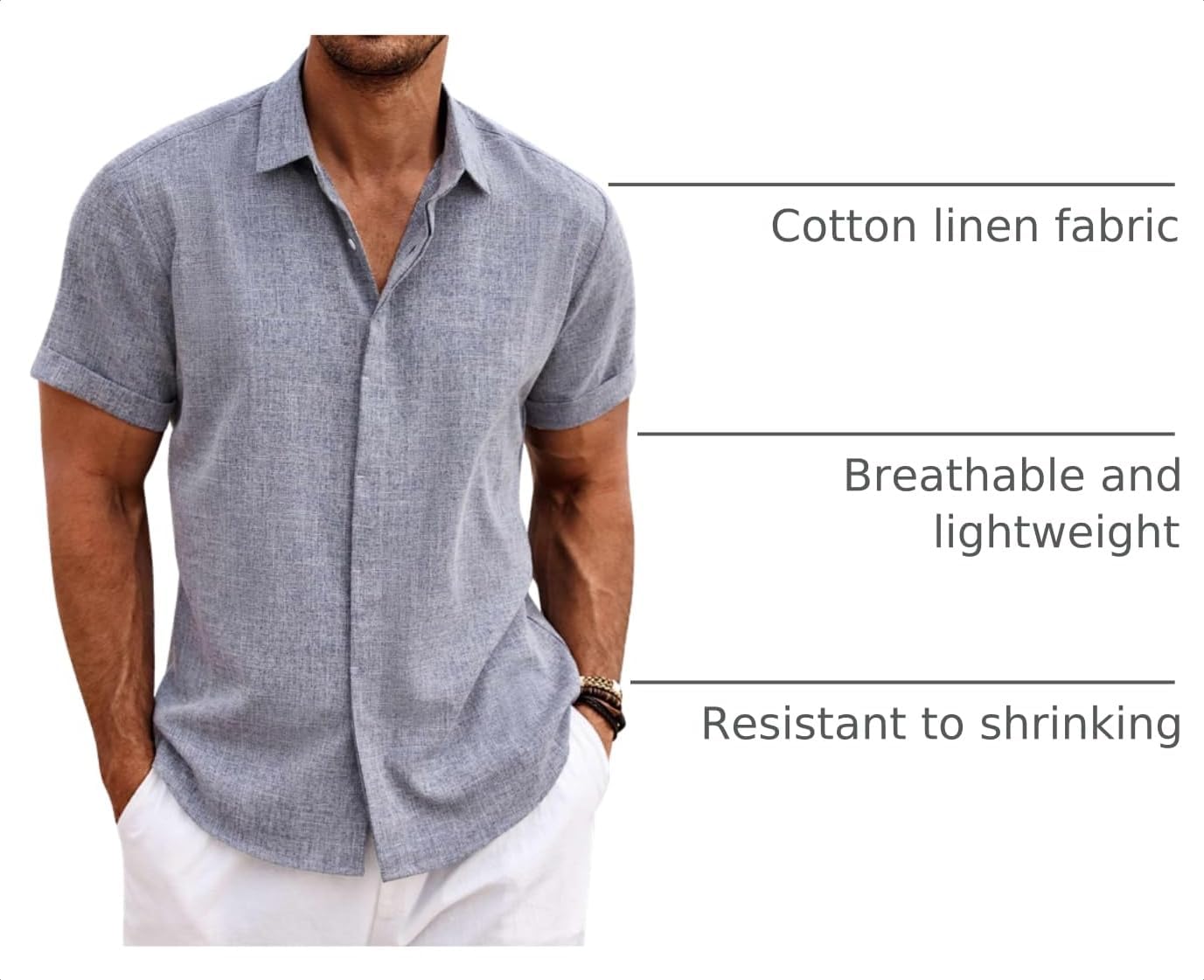 HOTCOOFANDY Men's Linen Shirts Short Sleeve Casual Shirts Button Down Shirt for Men Beach Summer Wedding Shirt