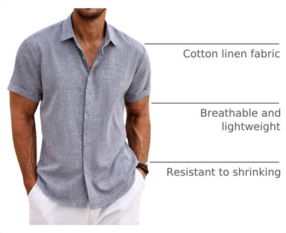 HOTCOOFANDY Men's Linen Shirts Short Sleeve Casual Shirts Button Down Shirt for Men Beach Summer Wedding Shirt