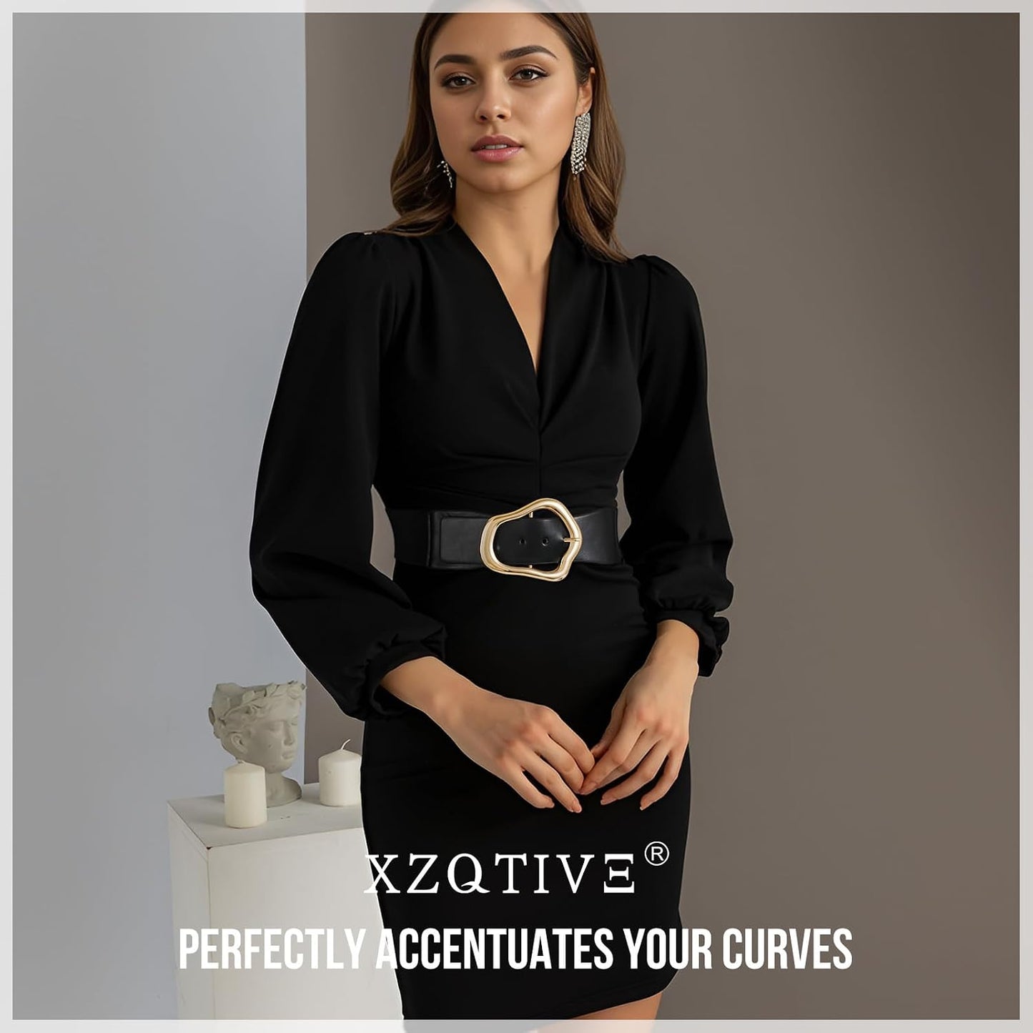 HOTXZQTIVE Women Wide Elastic Waist Belt for Dresses Fashion Big Gold Buckle Stretchy Leather Waistband for Ladies