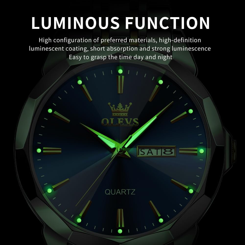 HOTOLEVS Watch for Men Diamond Business Dress Analog Quartz Stainless Steel Waterproof Luminous Date Two Tone Luxury Casual Wrist Watch Blue