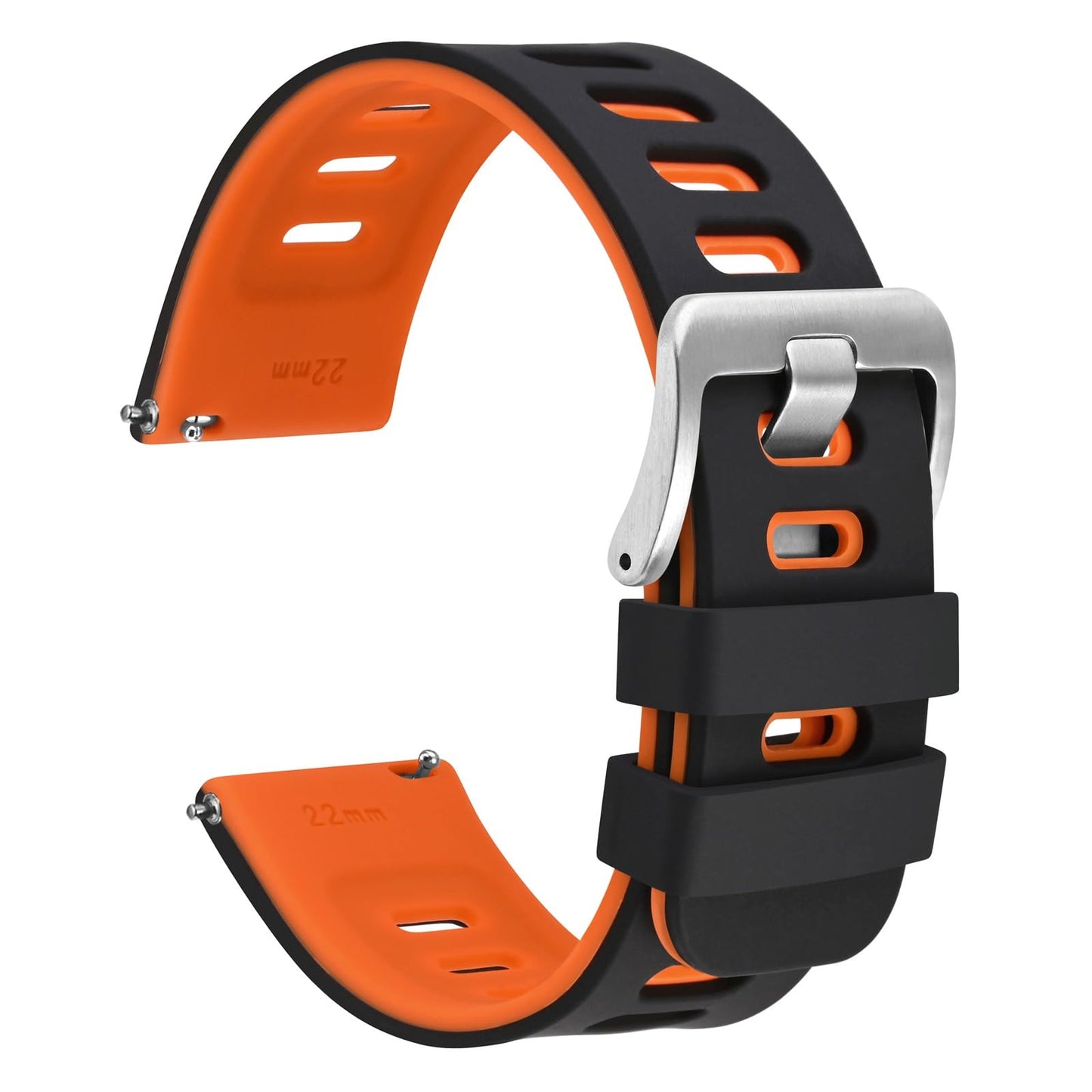HOTWOCCI 22mm Bicolor Watch Band, Silicone Rubber, Quick Release Replacement Strap for Men and Women, Black Stainless Steel Buckle (Black-Orange)