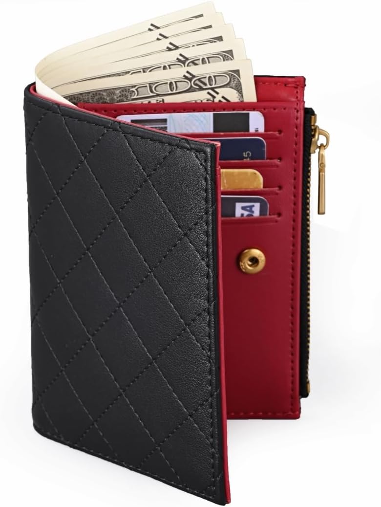 HOTSlim Bi-fold Checkered Quilted Leather Wallet | Classic Minimalist Style w. ID Window/Card Slot/Bill Holder/Zip Coin Pocket for Women (Black Quilted)
