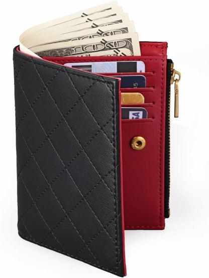 HOTSlim Bi-fold Checkered Quilted Leather Wallet | Classic Minimalist Style w. ID Window/Card Slot/Bill Holder/Zip Coin Pocket for Women (Black Quilted)