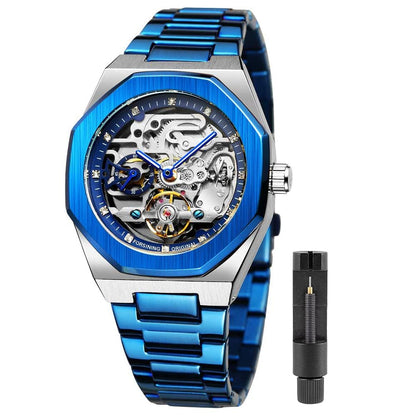 HOTFORSINING Vintage Watch for Men Engraved Automatic Self-Wind Mechanical Big Dial Luminous Moon Phase Golden Hollow Tattoo Pattern Wrist Watches, Mechanical