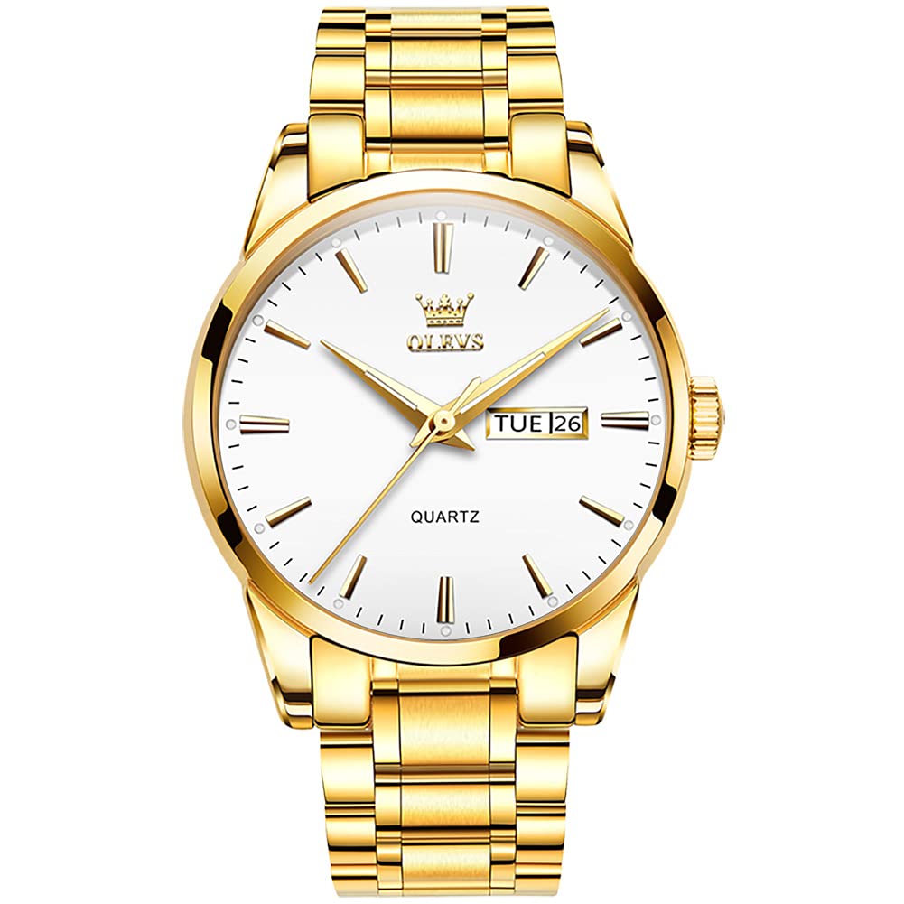 HOTOLEVS Men's Luxury Stainless Steel Watch, Big Face Gold Silver Two Tone Three Hand Analog Quartz Watch, Easy to Read Waterproof Luminous Day Date Wrist Watches for Men