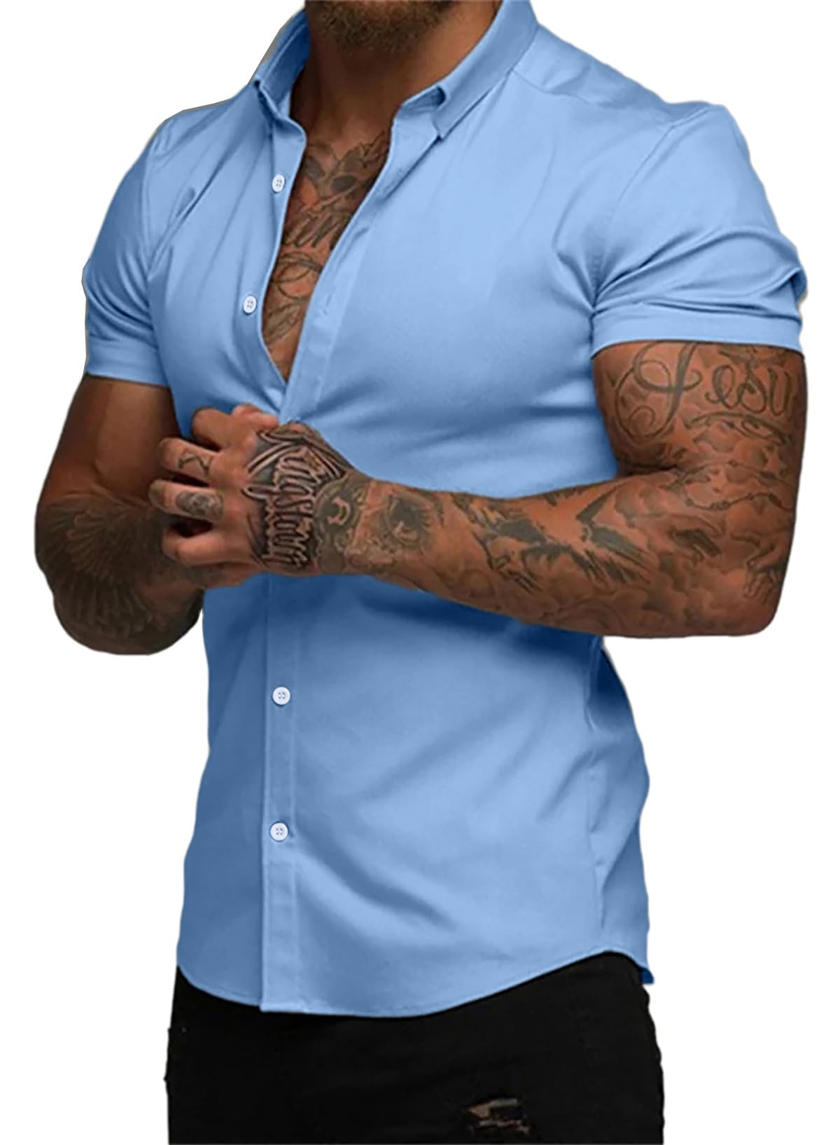 HOTJMIERR Men's Muscle Fit High Stretch Wrinkle-Free Button Down Dress Shirts Summer Casual Short Sleeve Shirt