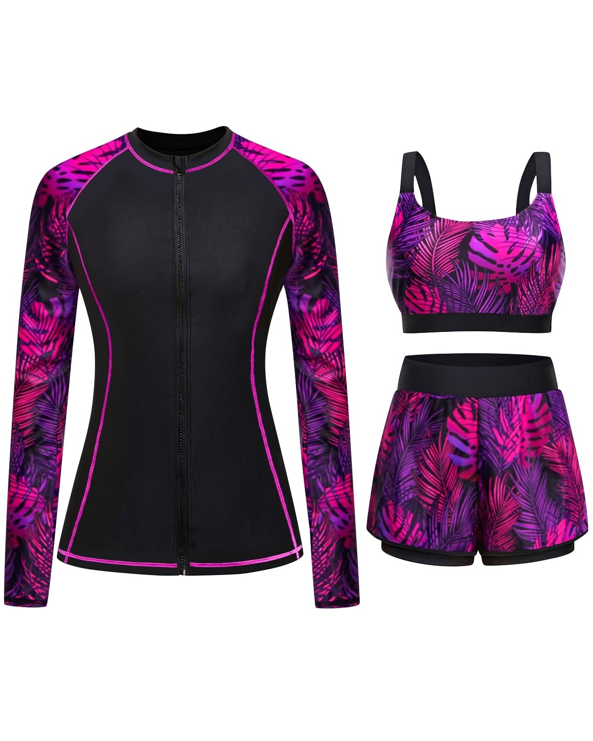 HOTDaci 3 Piece Rash Guard Set with 3'' Shorts | UPF 50+ Sun Protection, Long Sleeve Swim Shirt, High Rise, Built-in Bra, Removable Pads, for Beach, Pool, and Surfing