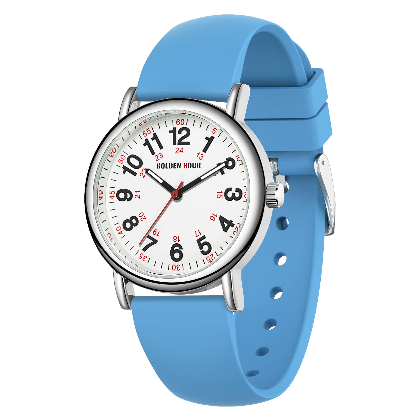 HOTGOLDEN HOUR Waterproof Nurse Watch for Medical Professionals, Students Women Men - Military Time Luminouse Easy Read Dial, 24 Hour with Second Hand, Colorful Silicone Band