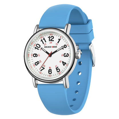 HOTGOLDEN HOUR Waterproof Nurse Watch for Medical Professionals, Students Women Men - Military Time Luminouse Easy Read Dial, 24 Hour with Second Hand, Colorful Silicone Band