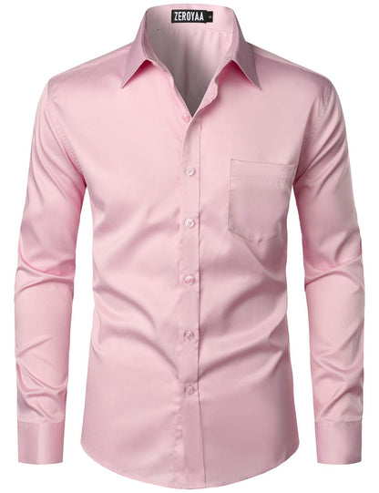 HOTZEROYAA Men's Urban Stylish Casual Business Slim Fit Long Sleeve Button Up Dress Shirt with Pocket