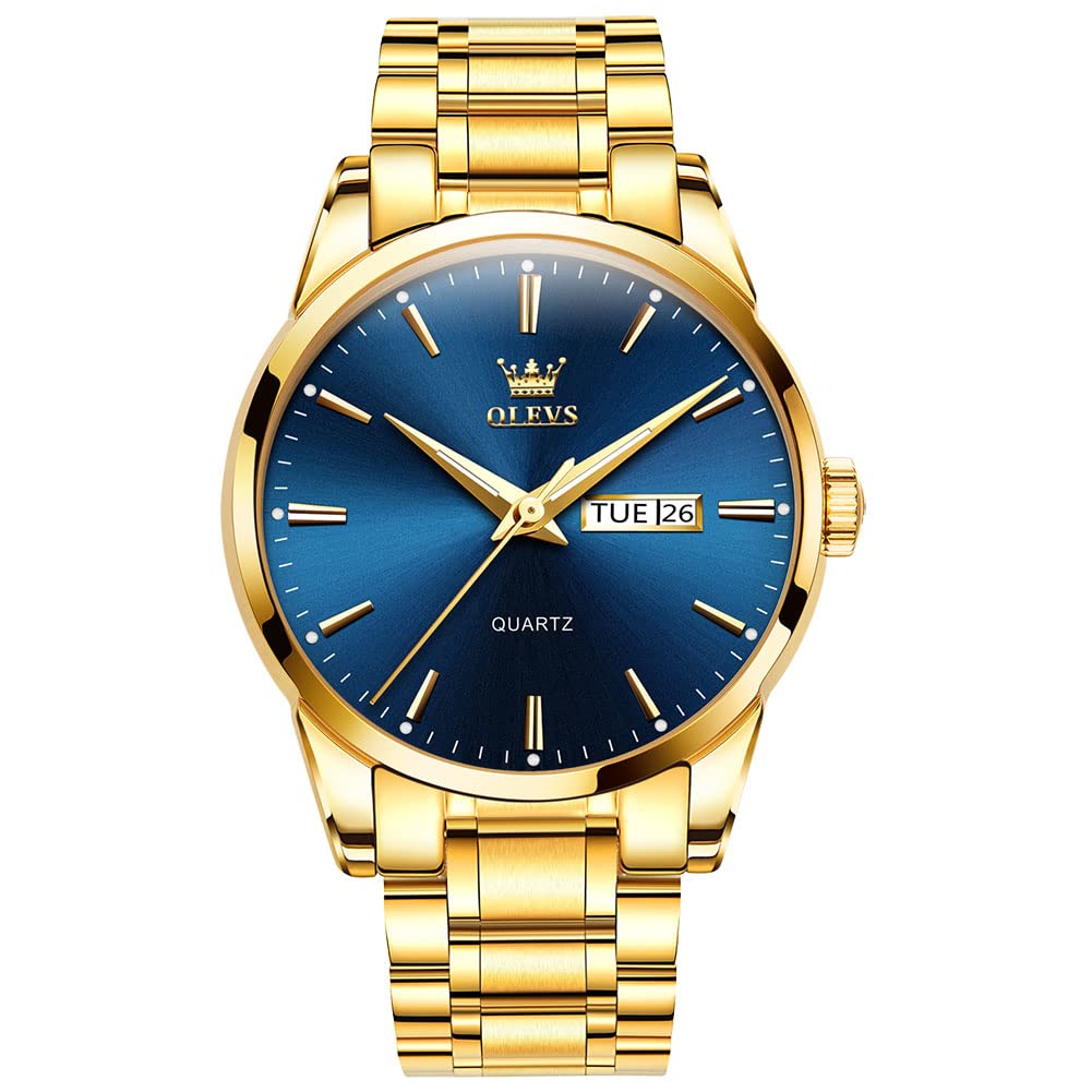 HOTOLEVS Men's Casual Stainless Steel Watch, Big Face Easy to Read Analog Quartz Watch with Day and Date, Classic Waterproof Diamond Roman Arabic Numeral Dial Dress Watch for Men, Gold Silver Black Band