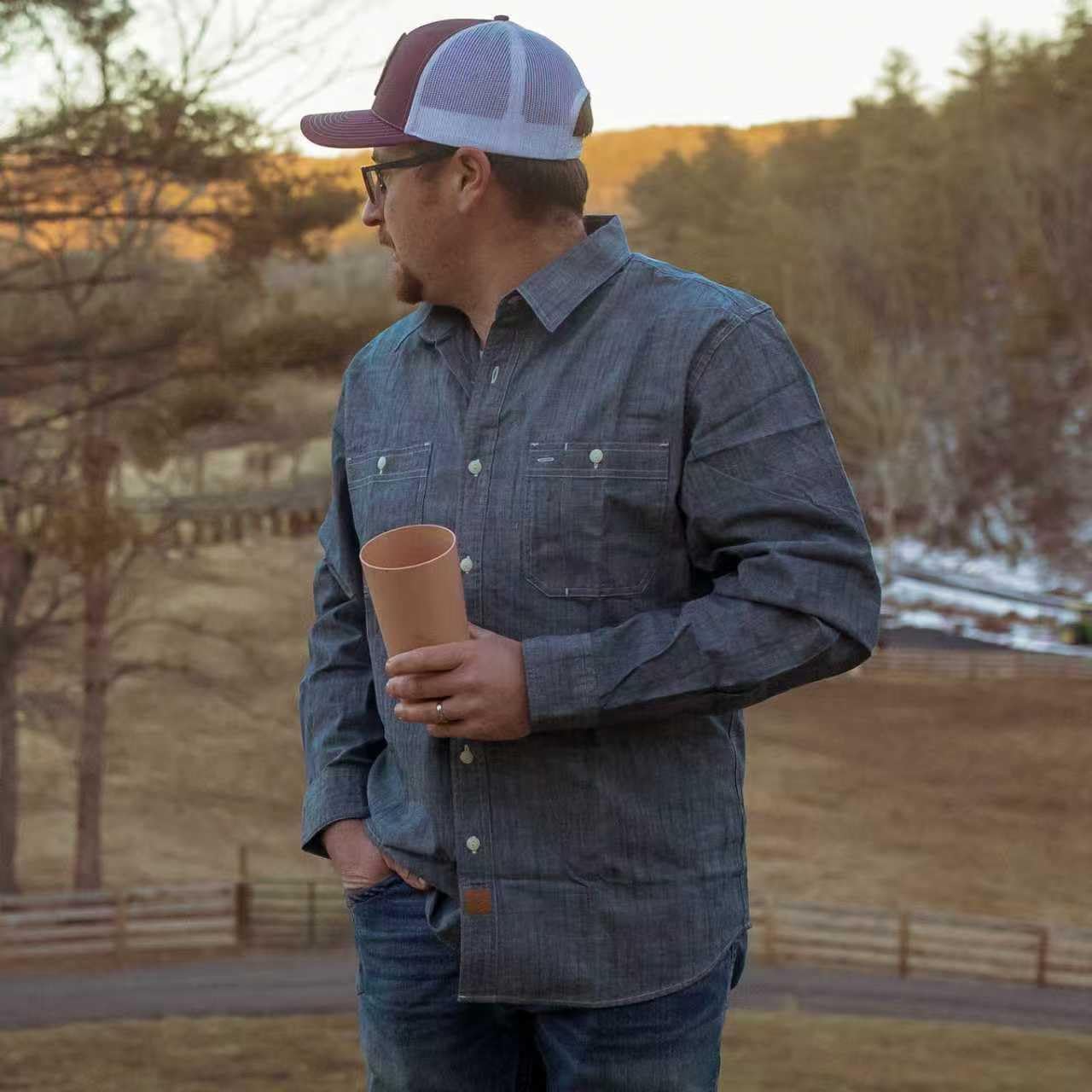 HOTDubinik® Chambray Shirt Men Cotton Mens Long Sleeve Button Down Shirts | Lightweight, Soft, Comfortable, Casual, Work, Breathable, 2 Pockets, Regular Fit, Vintage, Spring, Summer, Fall, Winter