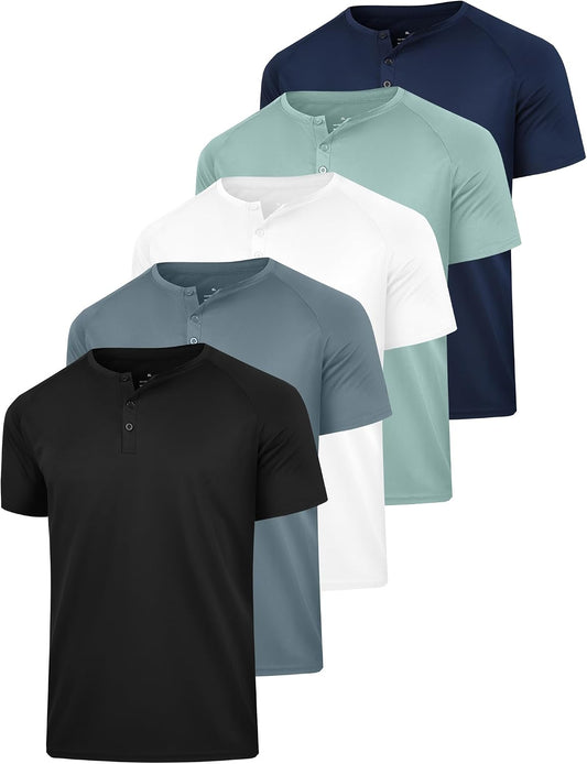 HOTHovSiyla 5 Pack Men's Henley Shirt Basic T Shirt, Moisture Wicking Breathable Button Down Short Sleeve
