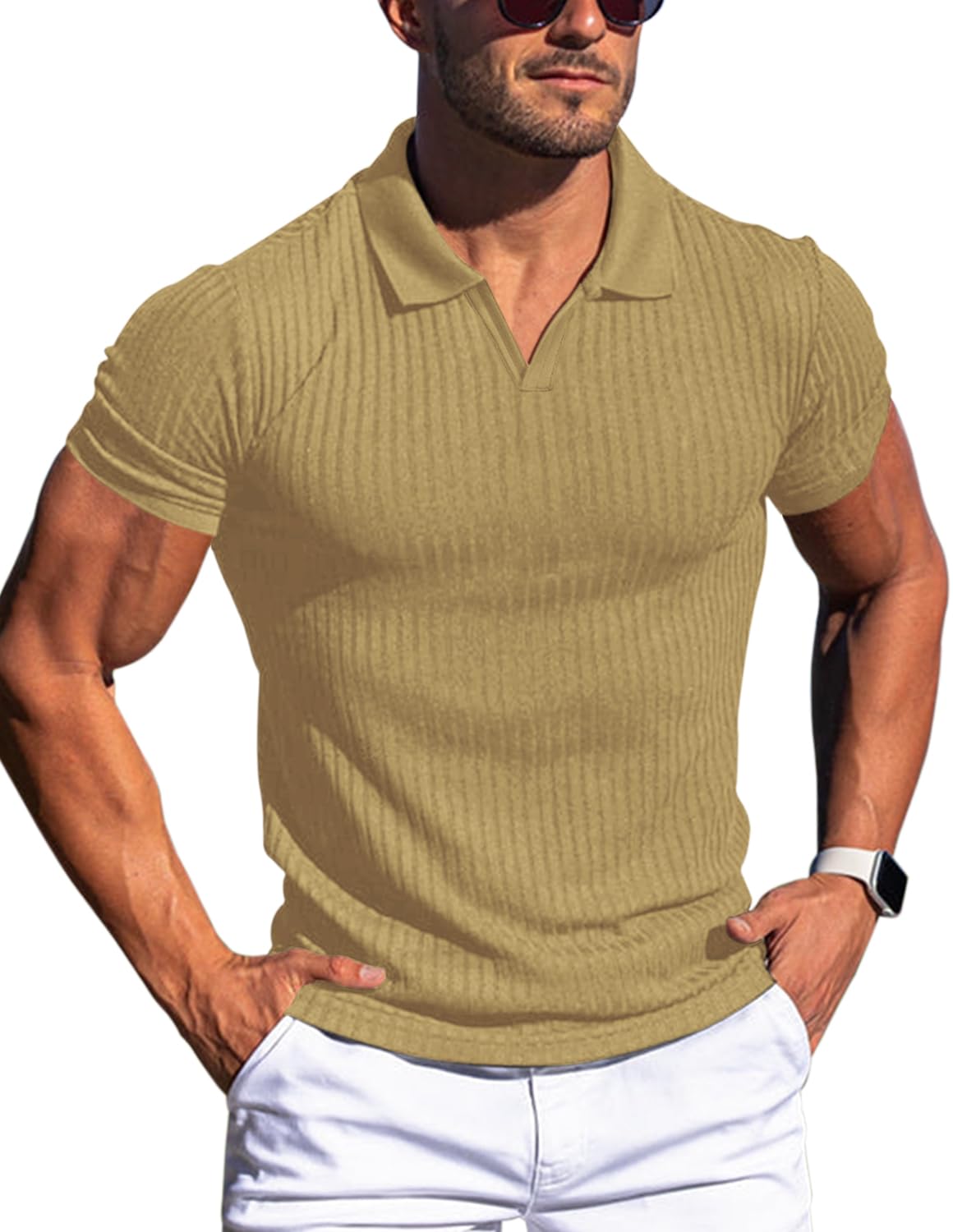 HOTMen's Muscle V Neck Polo Shirts Slim Fit Short Long Sleeve Cotton Golf T-Shirts Ribbed Knit Soft Tees