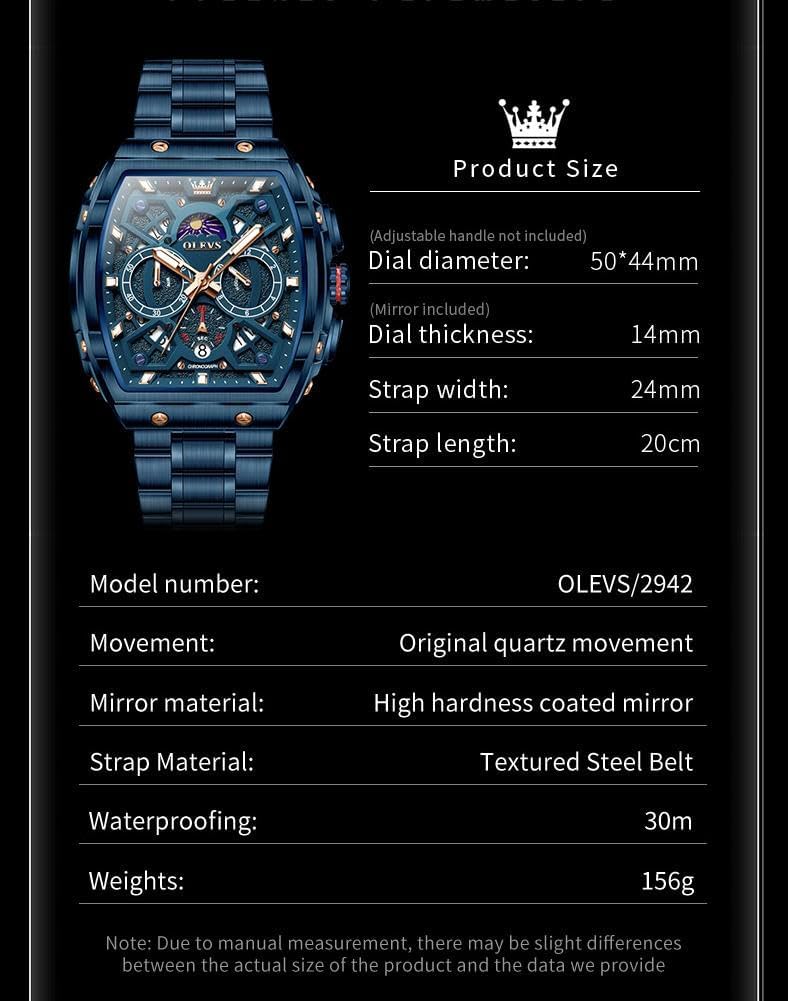 HOTOLEVS Watches for Men Analog Quartz Luxury Diamond Waterproof Chronograph Stainless Steel Big Face Square Date Moon Phase Roman Numeral Dress Mens Watches