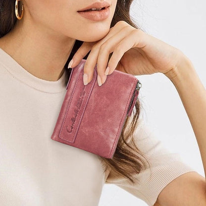 HOTCONTACTS Soft Leather Wallet for Women Small Bifold Coin Purse Double Zipper Card Holder with RFID Blocking (Rose Tan)