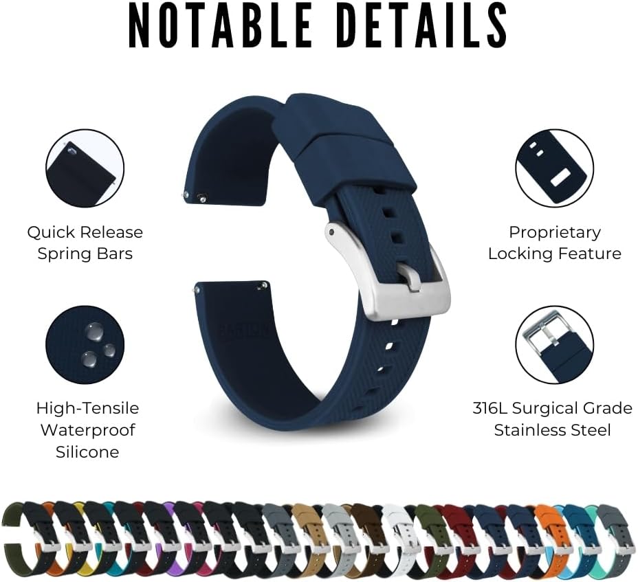 HOTBARTON Elite Silicone Watch Bands - Quick Release - Choose Strap Color & Buckle Color (Stainless Steel, Black PVD or Gunmetal Grey) - 18mm, 20mm, 22mm & 24mm Watch Straps