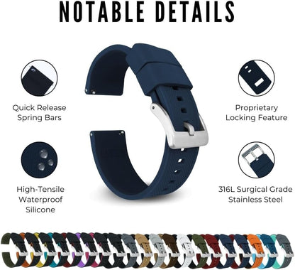 HOTBARTON Elite Silicone Watch Bands - Quick Release - Choose Strap Color & Buckle Color (Stainless Steel, Black PVD or Gunmetal Grey) - 18mm, 20mm, 22mm & 24mm Watch Straps
