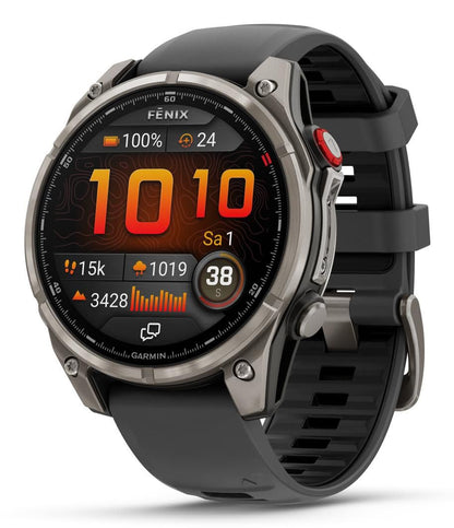 HOTGarmin fēnix® 8 – 51 mm, Solar, Sapphire, Premium Multisport GPS Smartwatch, Long-Lasting Battery Life, Dive-Rated, Built-in LED Flashlight, Titanium with Amp Yellow/Graphite Band | 51mm Solar Sapphire Fenix 8 with Titanium Bezel, Built-in LED Flashlig