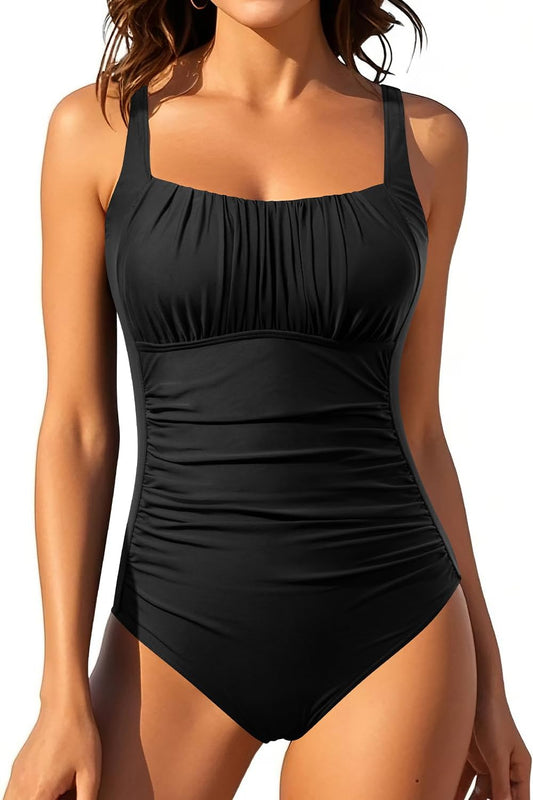 HOTOne Piece Bathing Suit for Women Tummy Control Vintage Swimsuit | Square Neck, Supportive Unremovable Cups, Ruched Design, Adjustable Straps, Full Coverage