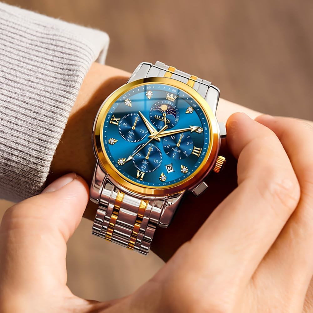 HOTOLEVS Watch for Men Diamond Business Dress Analog Quartz Stainless Steel Waterproof Luminous Date Two Tone Luxury Casual Wrist Watch Blue