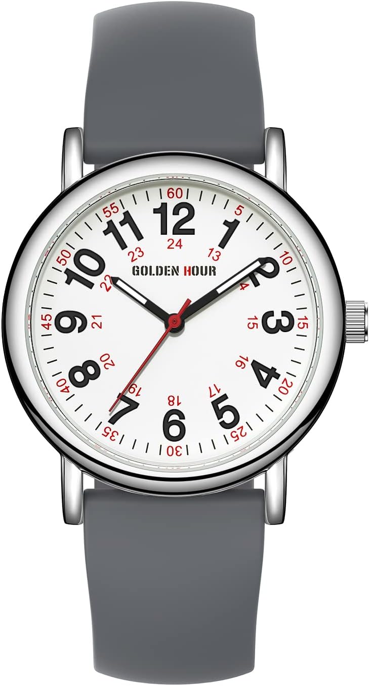 HOTGOLDEN HOUR Waterproof Nurse Watch for Medical Professionals, Students Women Men - Military Time Luminouse Easy Read Dial, 24 Hour with Second Hand, Colorful Silicone Band