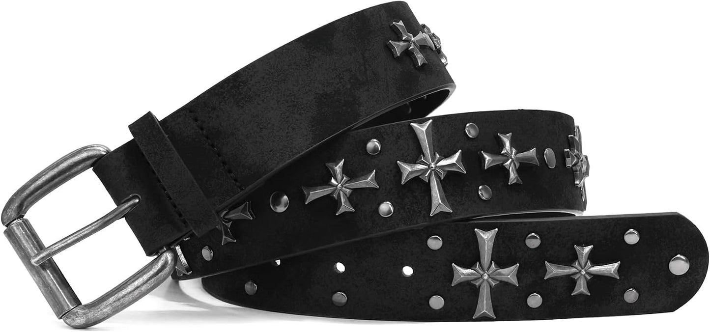 HOTblu&ben Studded Belt for Women, Y2K Punk Rock Belts with Metal Cross Rivet | Emo Stud Waistband for Jeans Pants, Gothic Grunge Strap for Men