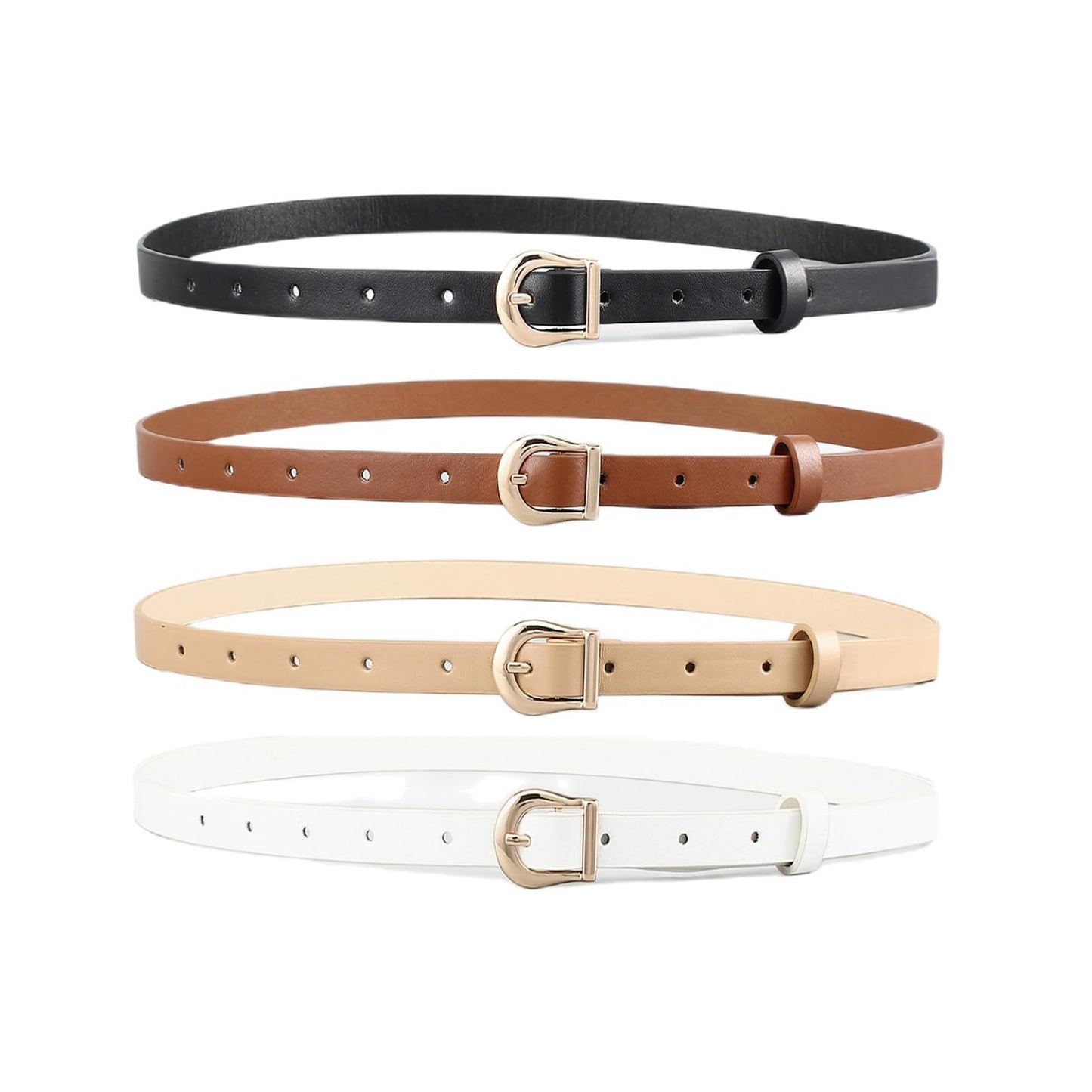 HOTHOTWILL 4 Pack Women Skinny Belts for Jeans Dress Thin Waist Belt | 0.55 in Wide, Black Beige Brown White Faux Leather, Gold Silver Buckle, Fashion Casual Style, Daily Outfits Accessories