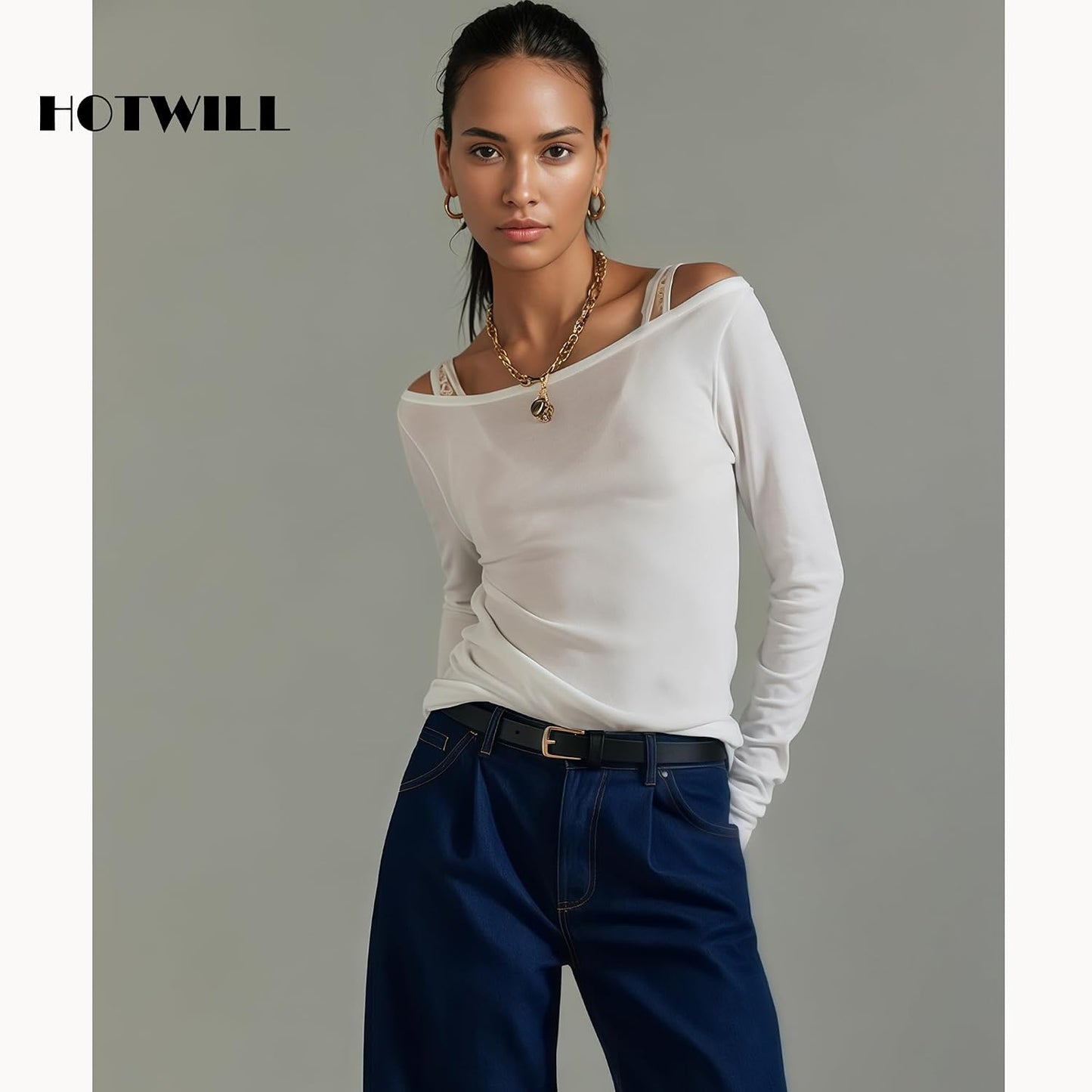 HOTHOTWILL 4 Pack Women Skinny Belts for Jeans Dress Thin Waist Belt | 0.55 in Wide, Black Beige Brown White Faux Leather, Gold Silver Buckle, Fashion Casual Style, Daily Outfits Accessories