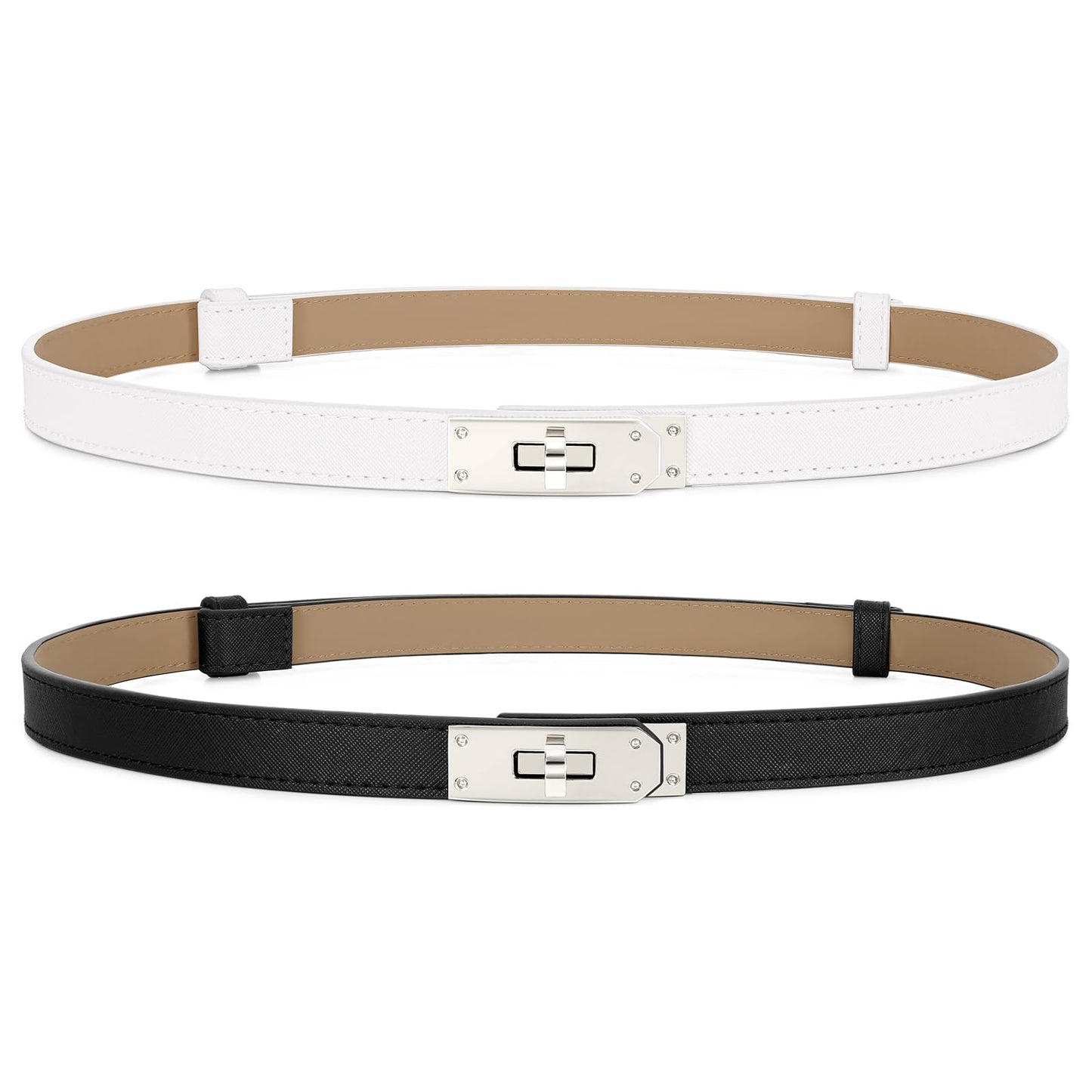 HOT2 Pack Women Skinny Leather Belt for Dresses Jeans Solid Color Alloy Turn Lock