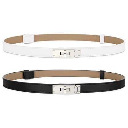 HOT2 Pack Women Skinny Leather Belt for Dresses Jeans Solid Color Alloy Turn Lock