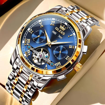 HOTOLEVS Self Winding Watches for Men Automatic Mechanical Dress Tourbillon Stainless Steel Dual Calendar Waterproof Luminous Wrist Watch