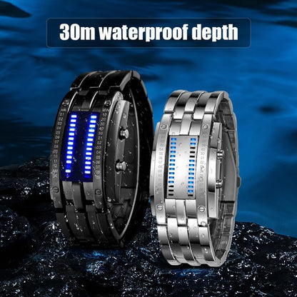 HOTFANMIS Creative Mens Binary Matrix Blue LED Digital Watch Fashion Classic Black Plated Waterproof LED Backlight Bracelet Watches