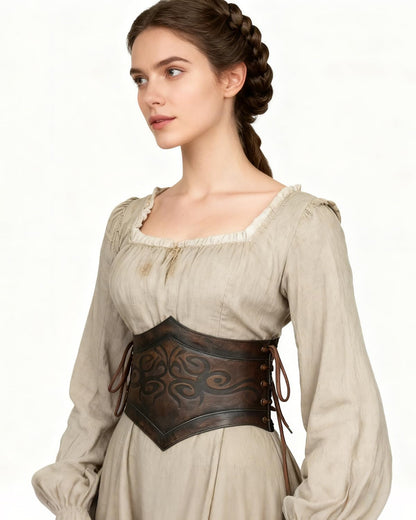 HOTL'VOW Women's Brown PU Leather Viking Renaissance Medieval Wide Cinch Corset Belt Adjustable Lace-Up