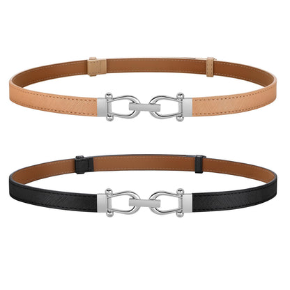 HOTJASGOOD 2 Pack Thin Belts for Women Fashion Skinny Leather Waist Belts for Jeans Pants Dresses with Gold Buckle