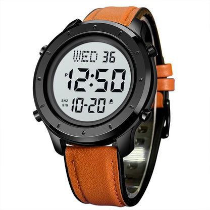HOTMinimalist Digital Watch Men Wrist Watches Waterproof Mens Leather Watch | Large face brown black watch, Chronograph, Dual Times, 12/24 Hours, EL backlight, Digital wrist stopwatch, Reloj para hombre