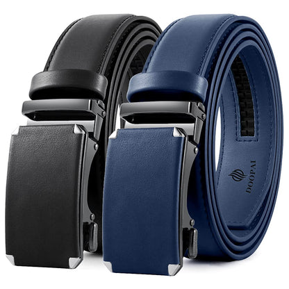 HOTDOOPAI Men's 2 Pack Ratchet Dress Belt - Adjustable 1 3/8" Genuine Leather, Size Length Can Be Cut, With Gift Box