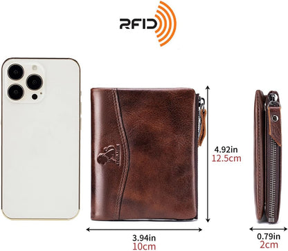 HOTWallet for Women, RFID Blocking Leather Zip Wallet, 10 Card Slots | Genuine cowhide,clear ID window,zip coin pocket,snap closure,ideal for daily carry (Coffee)