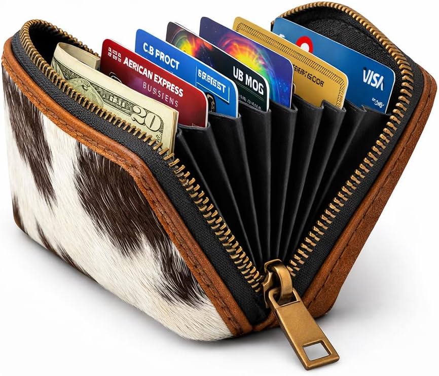 HOTESS RFID Cowhide Leather Wallet Women Small Zip Accordion Card Holder | Hair-On Leather Compact Organizer with Coin Pocket Secure Zipper (11 x 7.5 cm) Stylish Gift Pouch Minimal Everyday Carry
