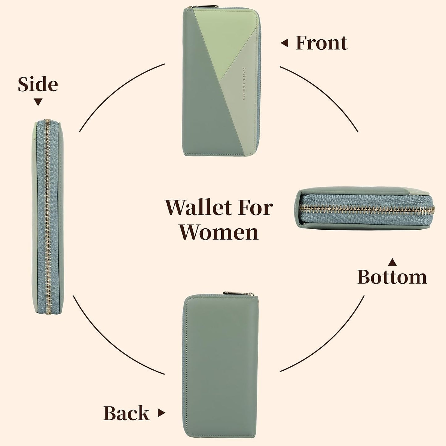 HOTLuxury Women Wallet With Cell Phone Pouch,Card Slots,Zip Pocket | Green Elegant Clutch Ladies Wallets,Soft PU Leather,Waterproof,Cards Organization For Women,Ladies,Daily,Travel