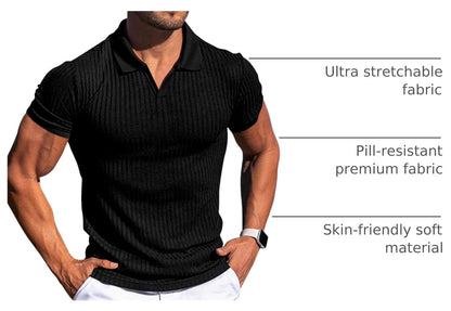 HOTMen's Muscle V Neck Polo Shirts Slim Fit Short Long Sleeve Cotton Golf T-Shirts Ribbed Knit Soft Tees