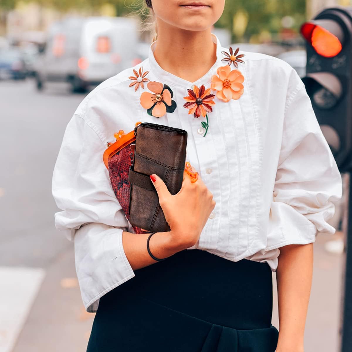 HOTWomen RFID Blocking Wallet Leather Vintage Large Capacity Credit Card Clutch Coffee