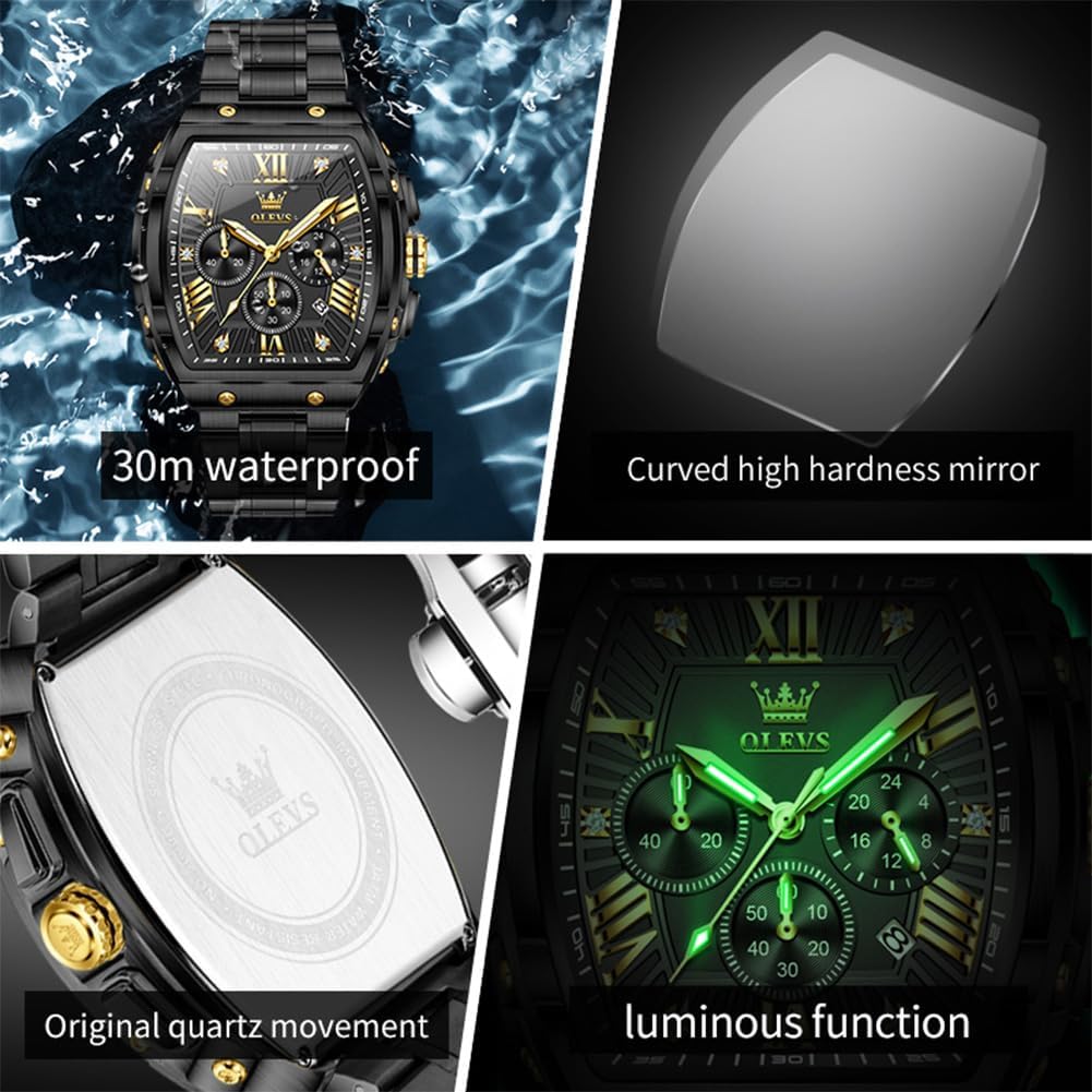HOTOLEVS Mens Watches Analog Quartz Chronograph Square Dress Watch for Man Stainless Steel or Leather Band Waterproof Luminous Date Male Watch