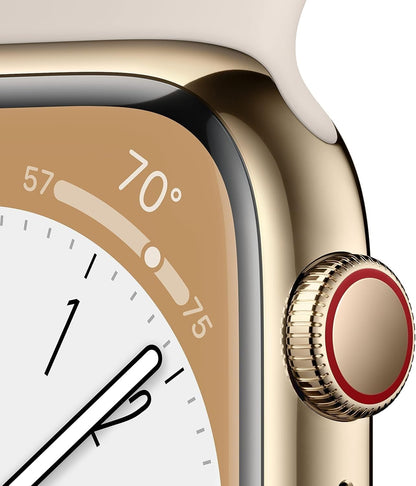 HOTApple Watch Series 8 (GPS + Cellular, 41MM) Gold Stainless Steel Case with Starlight Sport Band - S/M (Renewed)