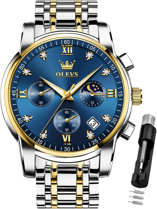 HOTOLEVS Watch for Men Diamond Business Dress Analog Quartz Stainless Steel Waterproof Luminous Date Two Tone Luxury Casual Wrist Watch Blue