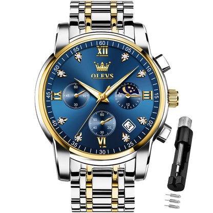 HOTOLEVS Watch for Men Diamond Business Dress Analog Quartz Stainless Steel Waterproof Luminous Date Two Tone Luxury Casual Wrist Watch Blue