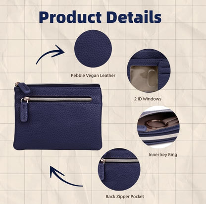HOTJulia Buxton Vegan Leather Wallet with Zipper, ID Windows, RFID Blocking, Card Slots & Key Ring, Compact Coin & Card Holder Case, Gift Idea, True Blue